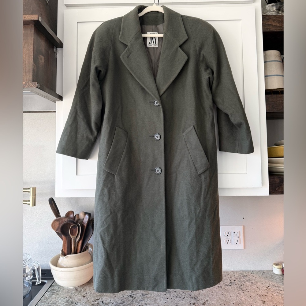 Jones New York Vintage Olive Green 100% Wool Coat Classic Overcoat